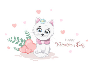 Obraz na płótnie Canvas Romantic card with cartoon kitten and hearts