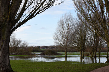 Flood water in a public park after the river banks burst from heavy rain