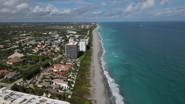 Aerial footage of Florida east coast beach and Atlantic Ocean waves