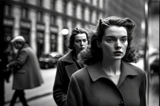 young woman walking in New York City in 1950. monochromatic vintage. This image was created with generative AI,