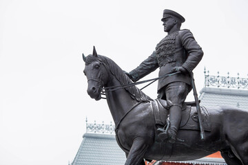 Moscow, Russia. Monument to Marshal Zhukov in front of the State Historical Museum.