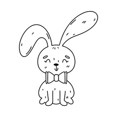 Funny bunny in hand drawn doodle style. Cute bunny sitting. Domestic animal. Coloring page activity. Isolated on white background.