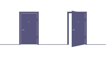 Open and closed door. Flat vector illustration isolated on white background.