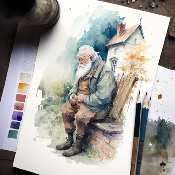 Old man painting, Generative AI