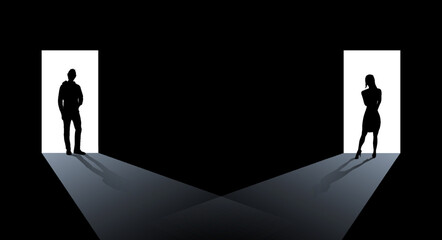 Male and female silhouettes in the doorway. Flat vector illustration isolated on black background.