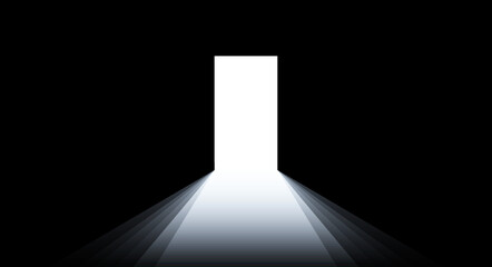 Dark room, light through open door. Flat vector illustration isolated on black background.