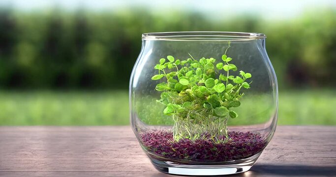 Transparent glass vase with green sprouts stands on the table. Blurred background Vegan Healthy food Health Green food Space for text on the left