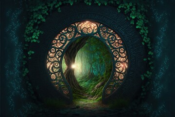 Obraz na płótnie Canvas Fantasy magic portal. A portal in the elven forest to another world. AI