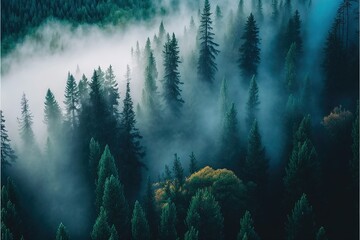 Fototapeta na wymiar Foggy forest. Forest landscape view from above. AI