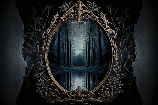 Mystical gothic mirror, dark gloomy background with fantasy mirror, reflection of darkness, dark forest. AI