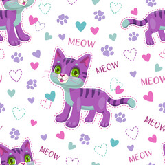 Seamless pattern with cute purple cartoon cat