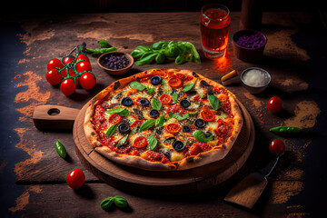 Obraz na płótnie Canvas pizza on a wooden table, Generative AI