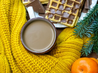 A mug of hot coffee on a cold winter day.