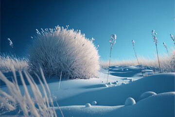 White grass landscape on blue earth with snow, Generative Ai