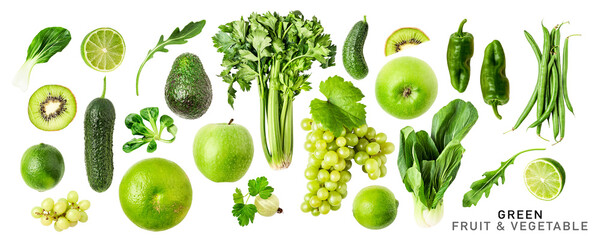 Fresh green vegetable, fruits and berry. PNG with transparent background. Flat lay. Without shadow. - obrazy, fototapety, plakaty