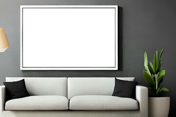 Mock-up of a modern living room with a blank canvas on the wall 