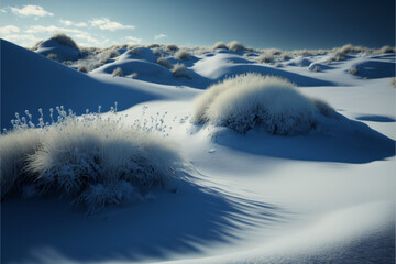 White grass landscape on blue earth with snow, Generative Ai