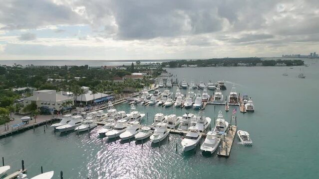 4k Aerial Drone Footage of Moored Yachts and Boats in Turquoise Water