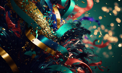 abstract background wiht brazilian carnival party theme,confetti, streamers, glitter, Generative Ai