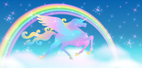 Galloping Unicorn Pegasus and rainbow in blue sky against the background of the fantasy universe with rainbow and sparkling stars.