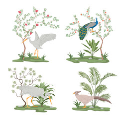 Birds and plants set. Collection of graphic elements for website. Flora and fauna, pelicans with trees and gardening. Asian nature. Cartoon flat vector illustrations isolated on white background