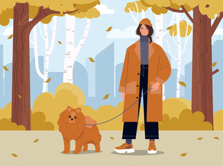 Fototapeta premium Autumn walk with dog. Young girl in stylish beige clothes with pet on leash. Housework and routine. Love and care for pets. Fall season, town or city park concept. Cartoon flat vector illustration