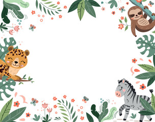 Animals frame template. Place for text and presentation. African savanna, flora and fauna. Zebra among exotic and tropical leaves. Poster or banner for website. Cartoon flat vector illustration