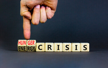 Energy or hunger crisis symbol. Concept word Energy crisis and hunger crisis on wooden cubes. Beautiful grey background. Businessman hand. Business Energy or hunger crisis concept. Copy space.