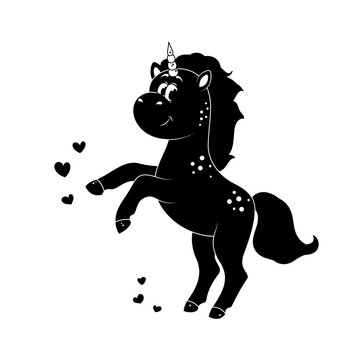 Unicorn silhouette concept. Happy and cute pony stands on its hind legs surrounded by stars and butterflies. Sticker for social networks. Love and tenderness. Cartoon flat vector illustration