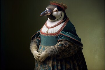 Created with Generative AI technology. portrait of a penguin in renaissance clothing - obrazy, fototapety, plakaty