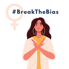 Banner Break The Bias. International women's day. 8th march. Woman crossed her arms. Vector isolated illustration