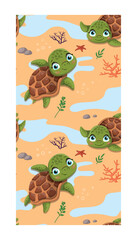 Turtle seamless pattern. Repeating design element for printing on fabric. Sea animal swims against background of bottom with plants, algae. Tropic and exotic. Cartoon flat vector illustration