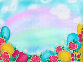 Graphic illustration of flowers and balls on the background of the sky. Imitation of drawing with pencils. Postcard, place for text. High quality photo