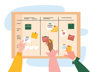 Task board with hands. Goal setting and motivation, vision of future. Teamwork, partnership and leadership, efficient workflow. Poster or banner for website. Cartoon flat vector illustration