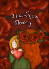 Mommy and daughter, mother's day card. Mom and little daughter are hugging. Drawing imitating a soft pencil. Imitation of a watercolor painting ,postcard 