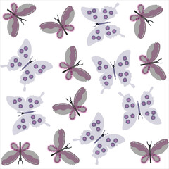 Purple gray butterflies on white background seamless pattern. Vector illustration. Perfect template for design of fabrics, home textiles, clothes, card, wallpapers, fancy packaging, curtains