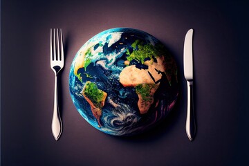 Created with Generative AI technology. The planet Earth plate with a fork and knife. World hunger concept. Feed the world. - obrazy, fototapety, plakaty