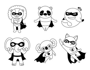 Superheroes black set. Minimalistic sticker for social networks and instant messengers. Lion, elephant, dolphin and fox, koala. Cartoon flat vector illustrations isolated on white background