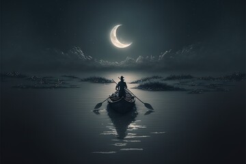 Young man rowing a boat in the sea looking at the crescent, digital art style, illustration painting, fantasy illustration of a man in a boat.