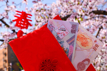 Chinese money and flowers. Banknotes in a red purse, traditions of the east. Cherry blossoms and yuan. High quality photo