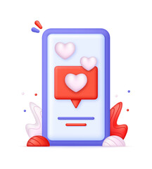 3D Mobile phone with heart and love emoji icon. Social media notification, online social communication concept.