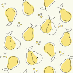 Pears seamless pattern. Vector one line doodle fruits print. Vegan healthy food pattern for nutritionist. Kitchen or restaurant design for fabrics and paper.