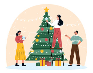 People decorating Christmas tree. Happy family preparing for winter holidays and New Year. Dad, mom and daughter with hanging toys. Invitation and greeting postcard. Cartoon flat vector illustration