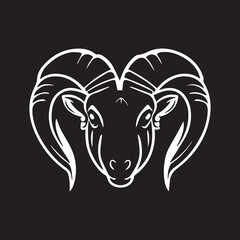 Ram vector icon. Minimal modern black and white illustration of sheep head. Zodiac sign animal. Horned creature. Symbol of strength. Strong element. Powerful business, company logo idea. Head of goat.