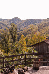 Hills of italy in autumn farm. Forest and old huts in the village. High quality photo