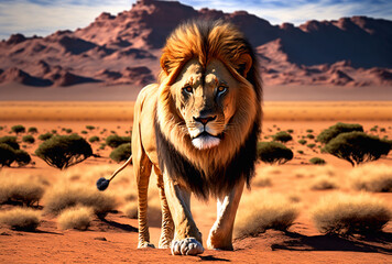 Realistic illustration mighty lion in the middle of the desert against the background of rocky mountains. AI generated
