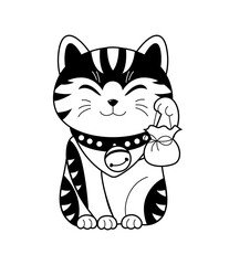Maneki neko outline. Poster or banner for website. Charming kitten waving its paw. Asian culture and traditions. Symbol of luxury and wealth. Decor for room. Cartoon flat vector illustration