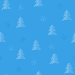 Seamless pattern with snowflakes and Christmas trees (fir) in blue and white colors. Vector graphics for background or card.