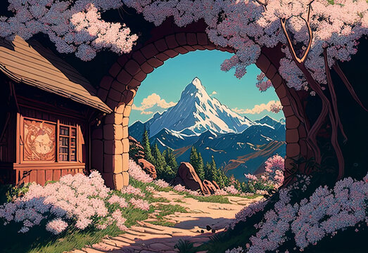 Mountain spring landscape in style of anime. Spring and bright pink flowers..