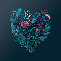 Floral heart. Heart of flowers. Wedding card. Love symbol on blue background. Valentine poster